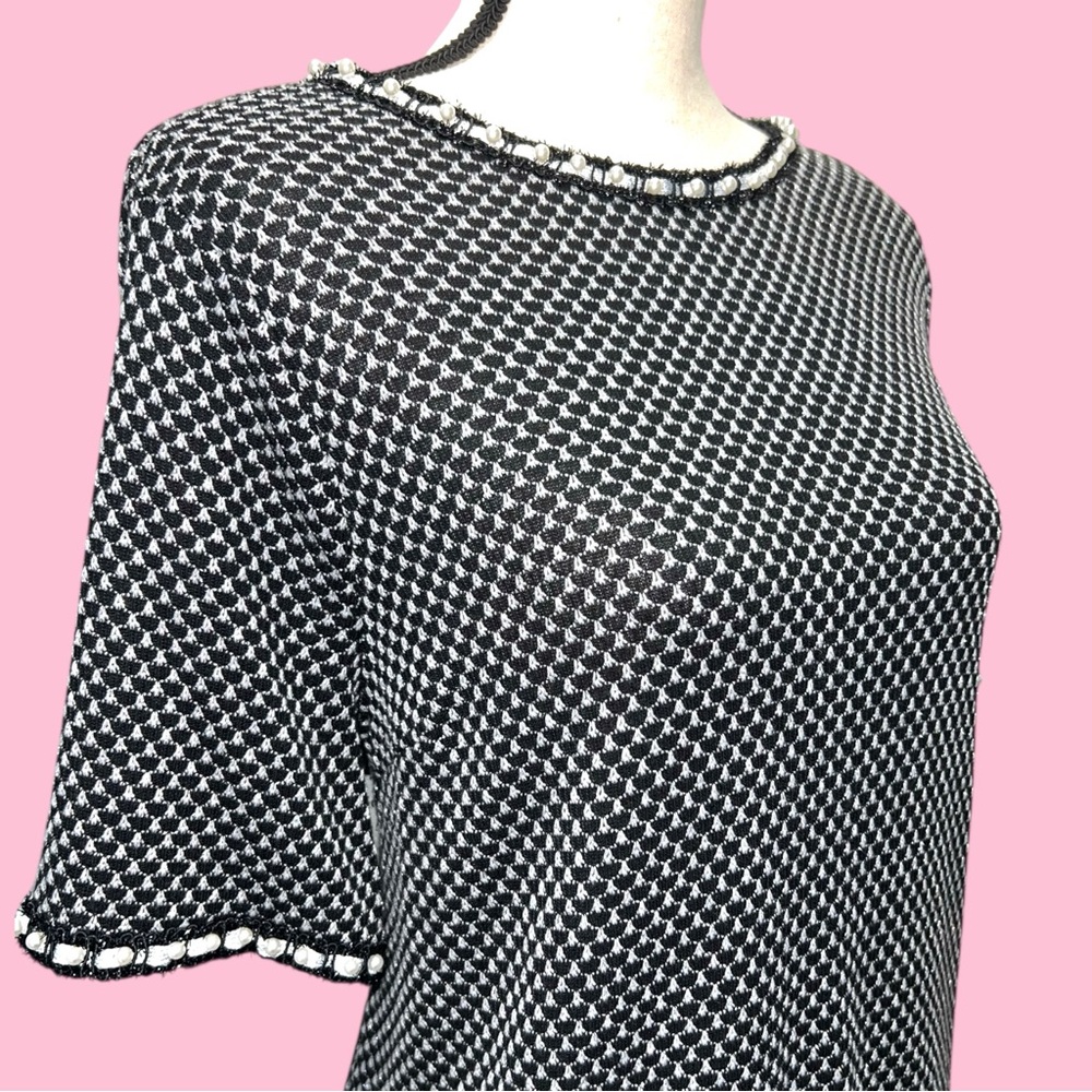 Elle Retro Black White Silver Blouse with Pearl Trim
